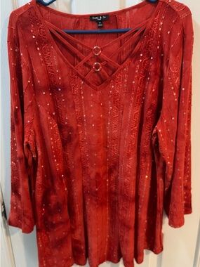 Sami & Jo Red Sequin-Trim Crisscross Glittery Sparkly Festive V-Neck Tunic